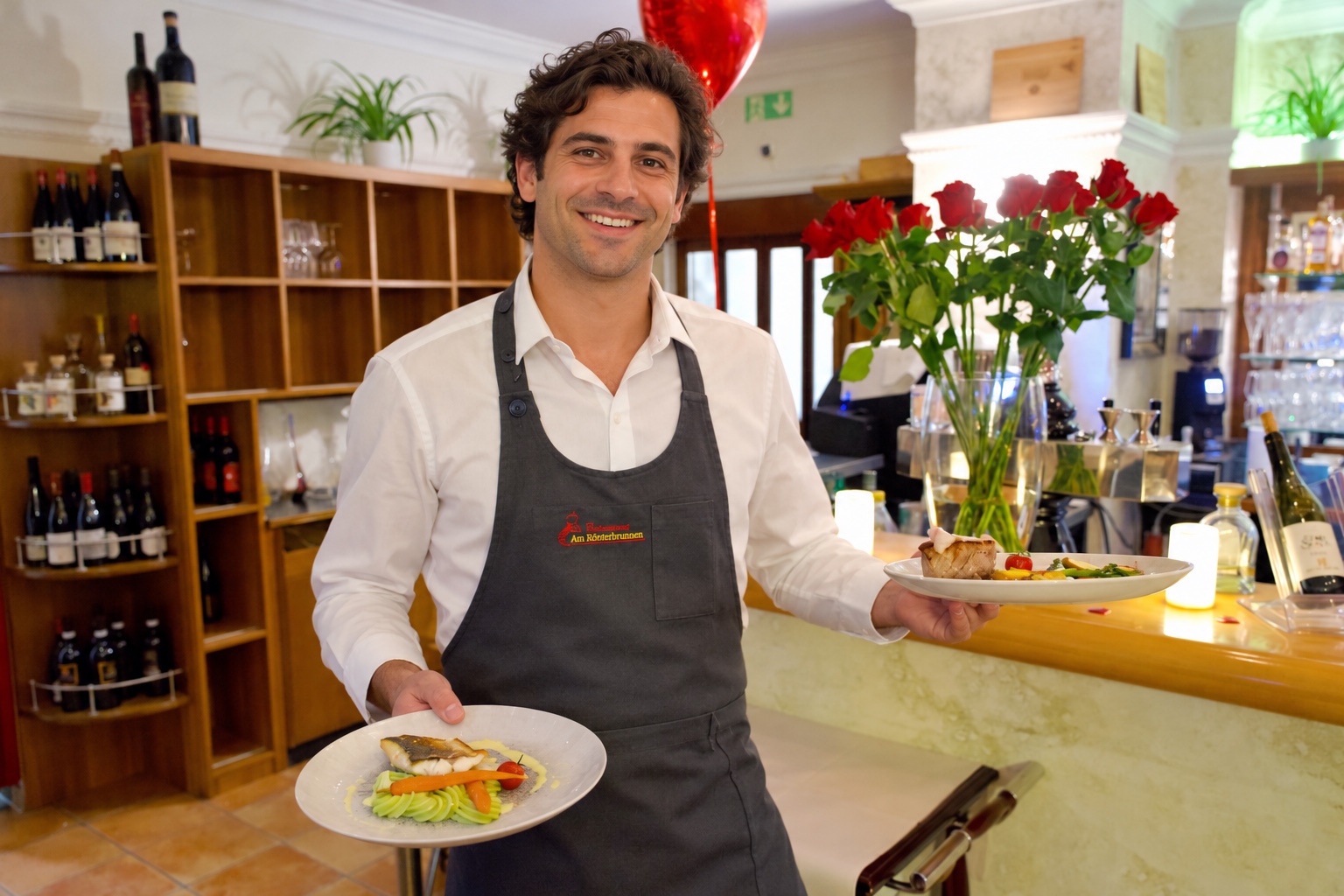 Fiktive Serviceperson präsentiert frisch zubereitete Gerichte im Restaurant – KI-generiertes Motiv