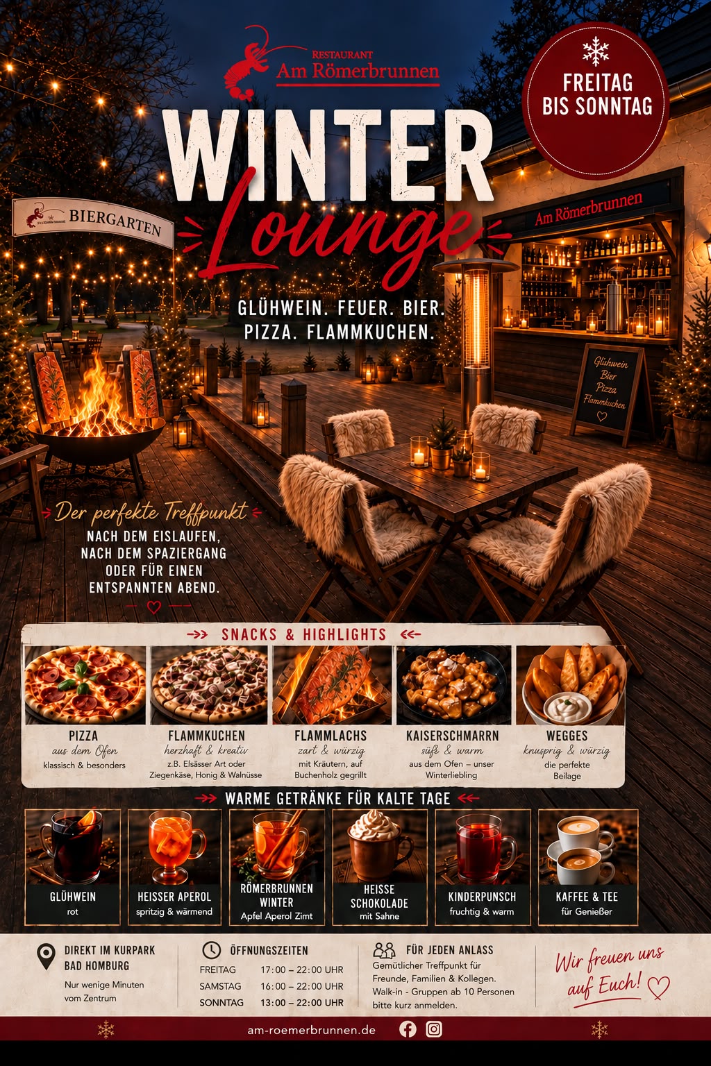 Winterlounge am Römerbrunnen von Freitag bis Sonntag mit Speisen, warmen Getränken und Öffnungszeiten